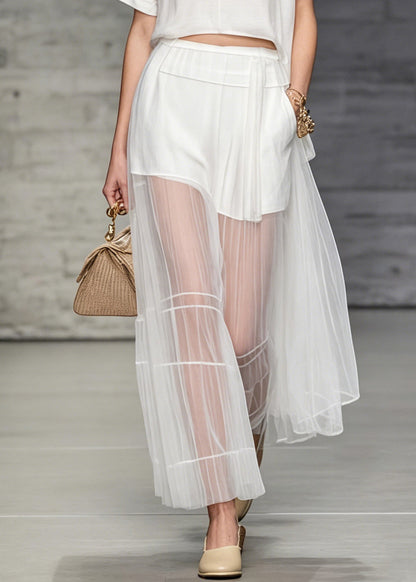 White O Neck T Shirt and Skirts Tulle Patchwork Two Pieces Set Summer