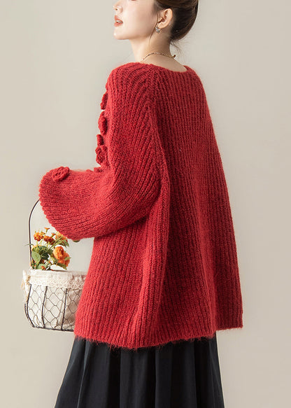 Red Lace Up Knit Loose Cardigan V Neck