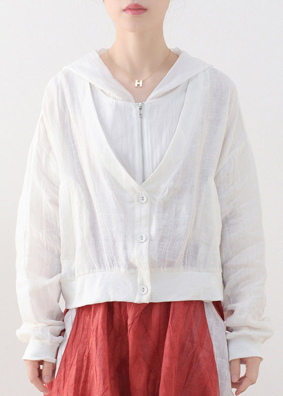 White Linen Fake Two Piece Coats Zip Up Batwing Sleeve