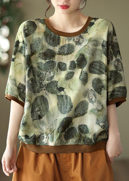 Green O-neck Print Patchwork Linen Top Half Sleeve