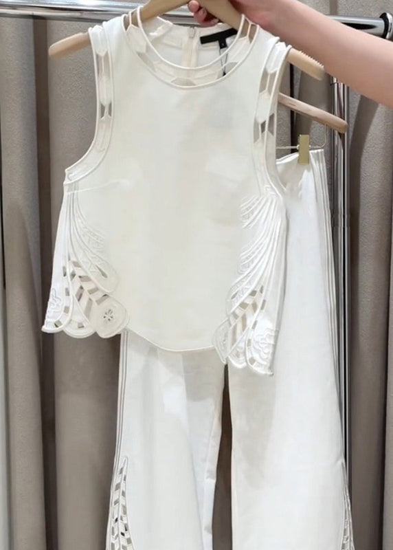 New White Zippered Hollow Out Cotton Two Pieces Set Sleeveless
