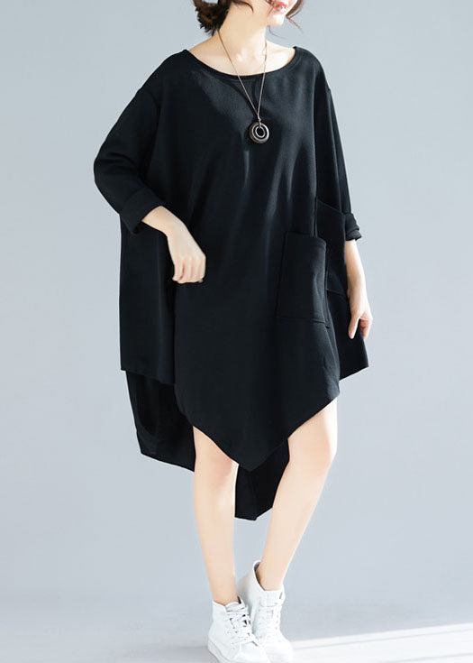 Black Asymmetrical Patchwork Applique Cotton Long Tops Spring