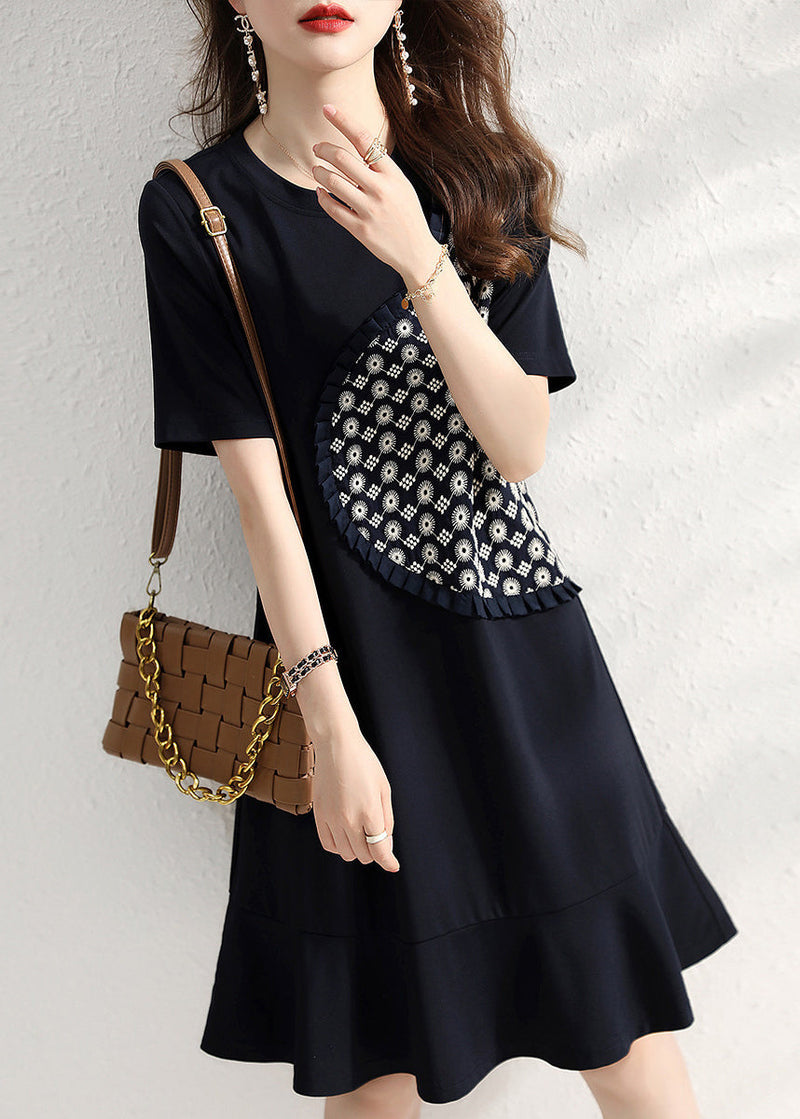 Navy O Neck Ruffled Patchwork Cotton Dresses Summer