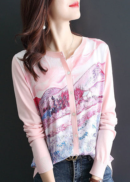 Pink O-neck Patchwork Knit Cardigan Spring