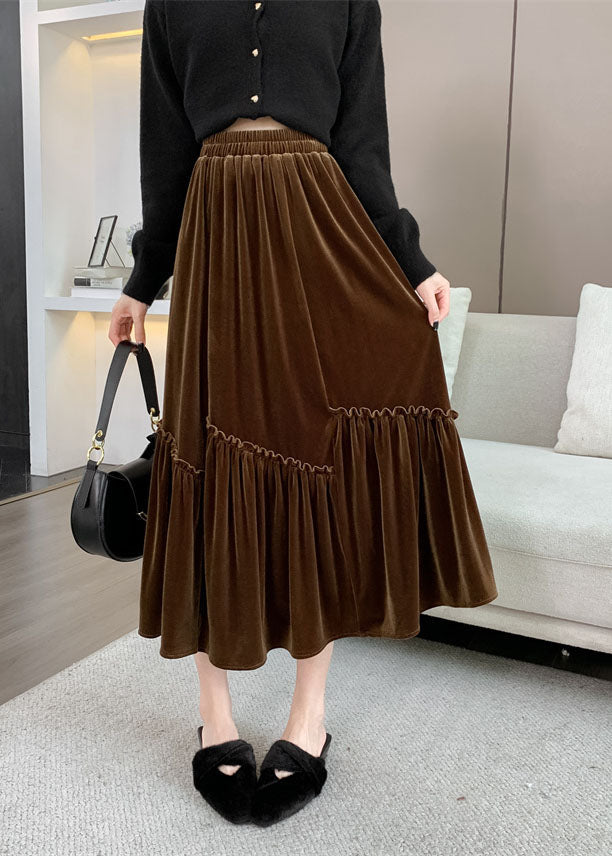 Brown Asymmetrical Wrinkled Silk Velvet Skirt Fall