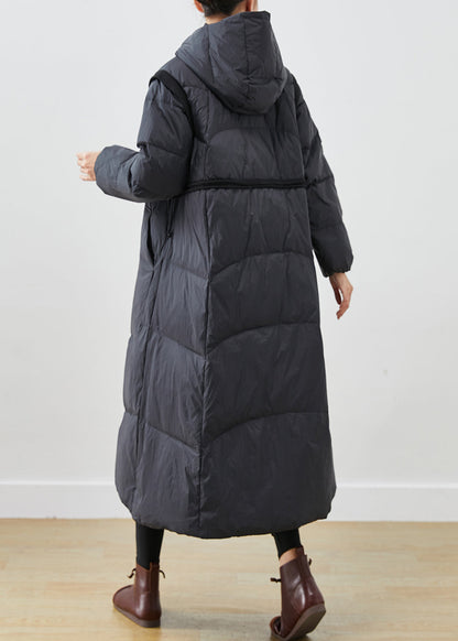 Black Cinched Big Pockets Duck Down Down Coat Winter