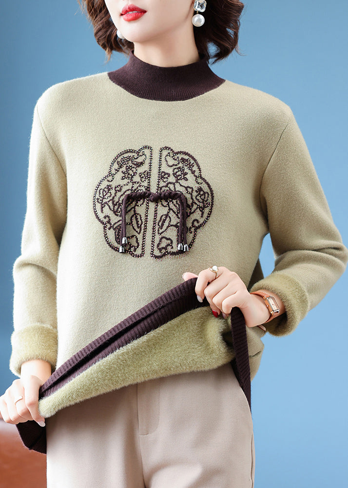 Green Turtleneck Zircon Patchwork Warm Fleece Sweater Winter