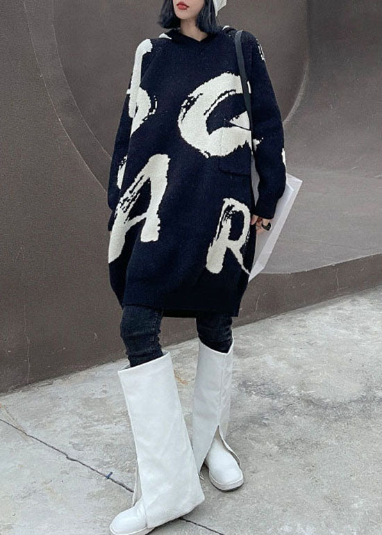 Black Hooded Print Knit Sweater Dress Spring