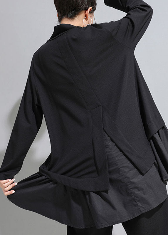 Black Asymmetrical Patchwork Ruffles Fall Top Long Sleeve