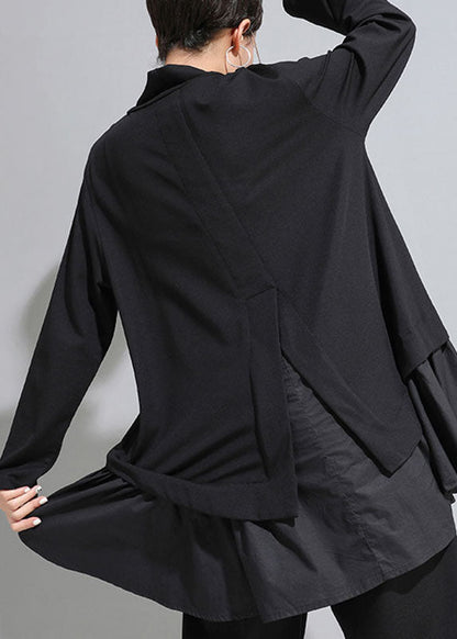 Black Asymmetrical Patchwork Ruffles Fall Top Long Sleeve