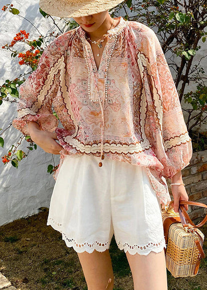 Loose V Neck Print Lace Up Chiffon Shirts Spring