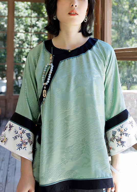 Green O-neck Embroideried Patchwork Jacquard Silk Top Long Sleeve