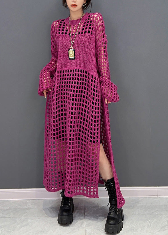 Diy Red O-neck Hollow Out Side Open Knit Long Dresses Spring