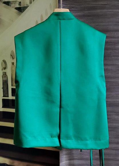 Green Stand Collar Embroideried Patchwork Silk Vest Sleeveless