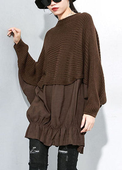 Chocolate O-neck Batwing Sleeve Patchwork Knit Top
