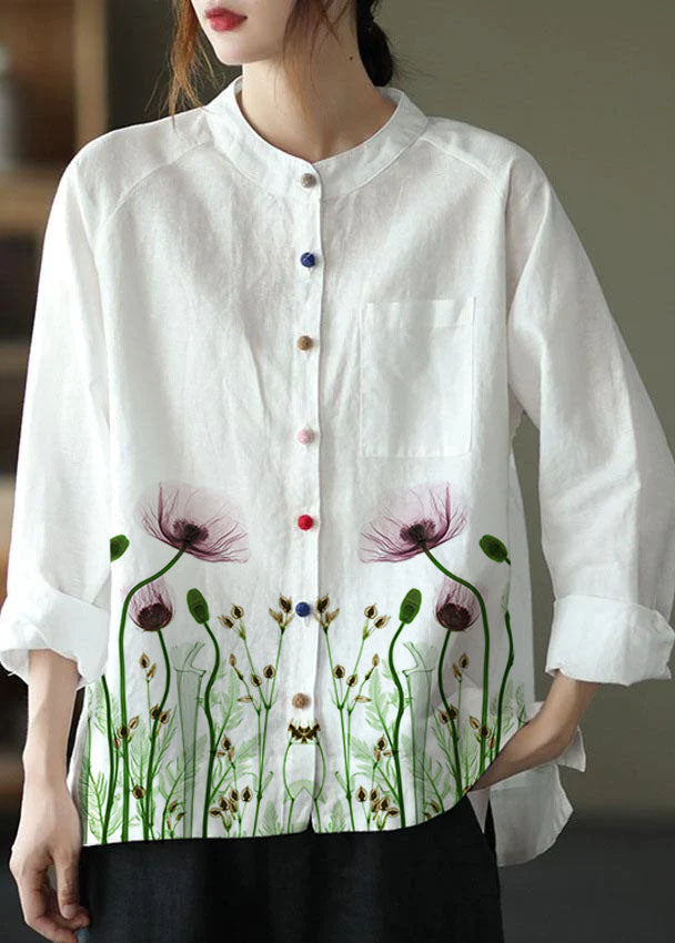 Modern White-purple Flower Loose Patchwork Pockets Spring Long Sleeve Blouse Top