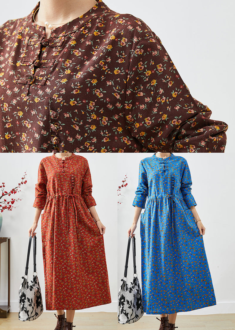 Chocolate Cinched Print Pockets Cotton Dresses Fall