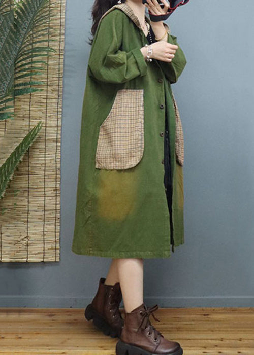 Green Plaid Pockets Patchwork Cotton Coats Fall