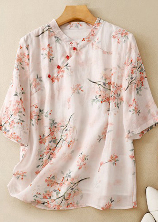 Green Stand Collar Print Linen Blouse Tops Summer