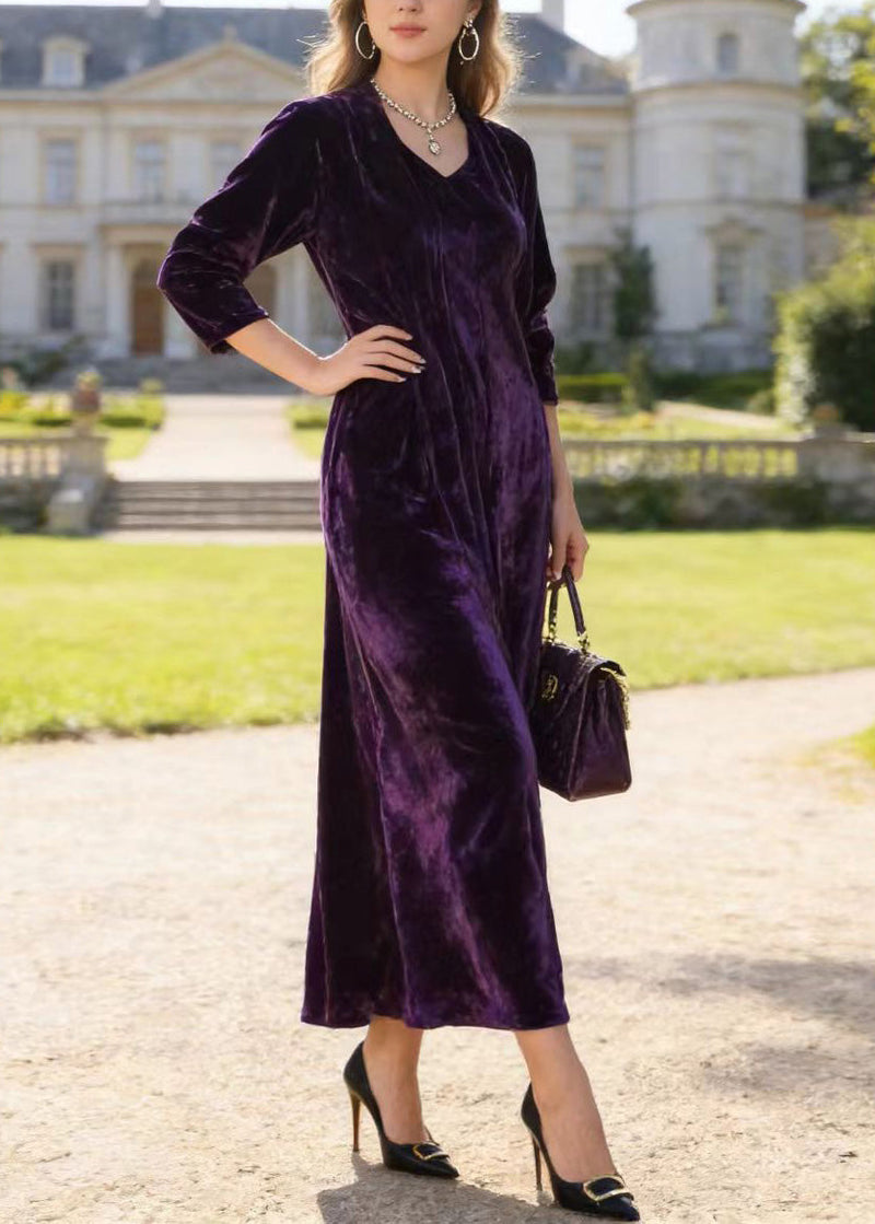 Purple V Neck Print Loose Velvet Dress Spring