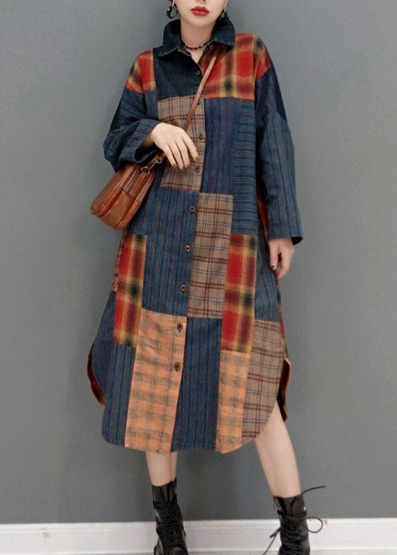 Colorblock Button Side Open Peter Pan Collar Patchwork Plaid Coats Spring