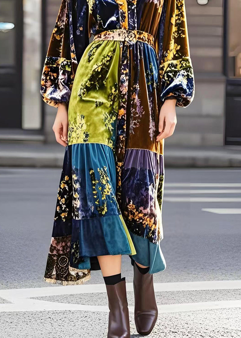 Modern Brown V Neck Print Silk Velour Dresses Spring