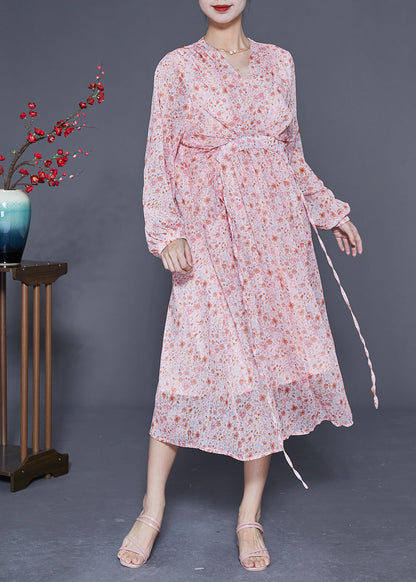 Pink V Neck Cinched Print Chiffon Beach Dress Summer