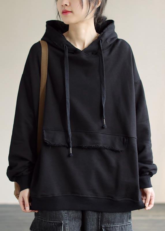 Hooded Cinched Spring Black Blouses