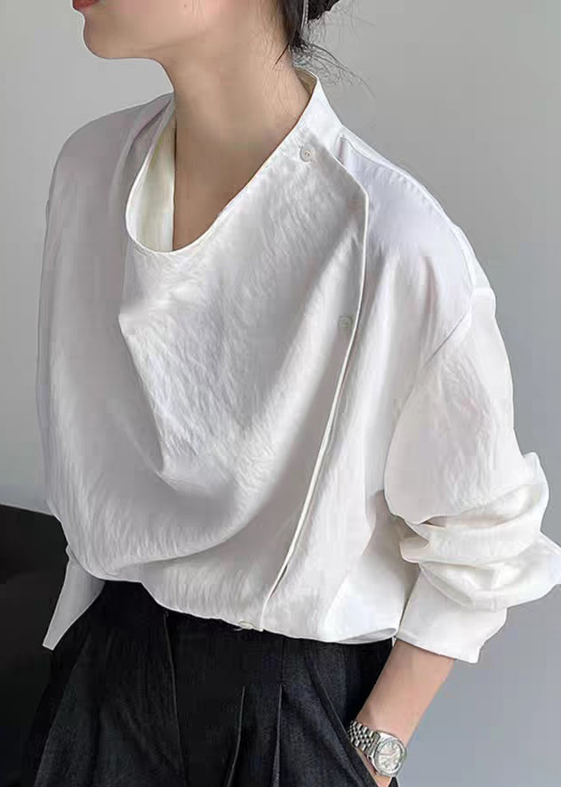White Stand Collar Button Shirts Lantern Sleeve