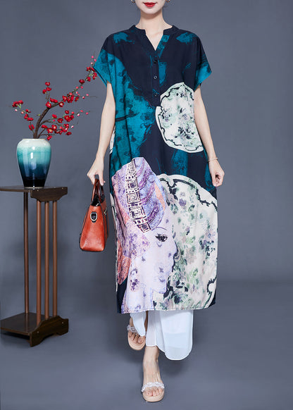 V Neck Original Design Print Silk Long Dress Summer