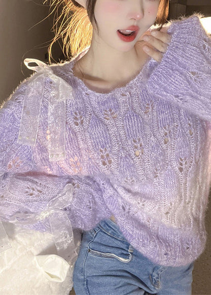 French Purple O Neck Bow Ma Hai Mao Knitted Sweaters Fall