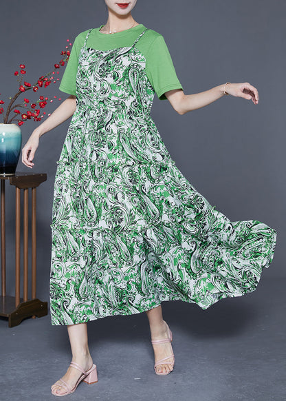 Green O-neck Patchwork Exra Large Hem Chiffon Fake Two Piece Dresses Summer