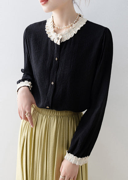 Black Oversized Patchwork Lace Blouses Spring