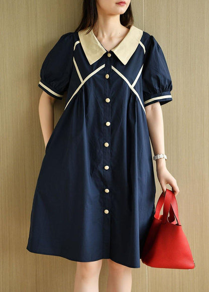 Navy Peter Pan Collar Button Summer Cotton Dress Short Sleeve