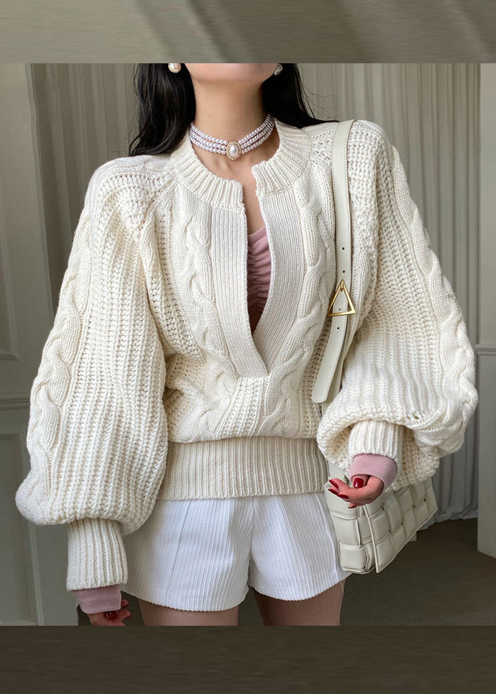 Brief White O-neck Cozy Cable Knit Sweaters Long Sleeve
