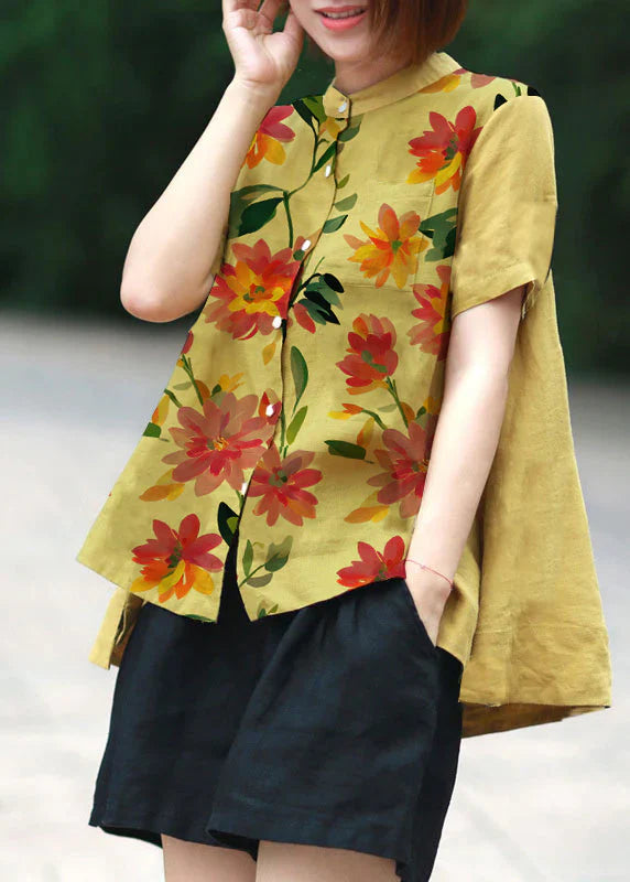 Red Dot Print Patchwork Linen Top Button Stand Collar Summer
