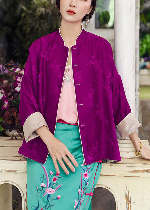 Boutique Colorblock Button Stand Collar Wear on Both Sides Print Silk Coats Fall