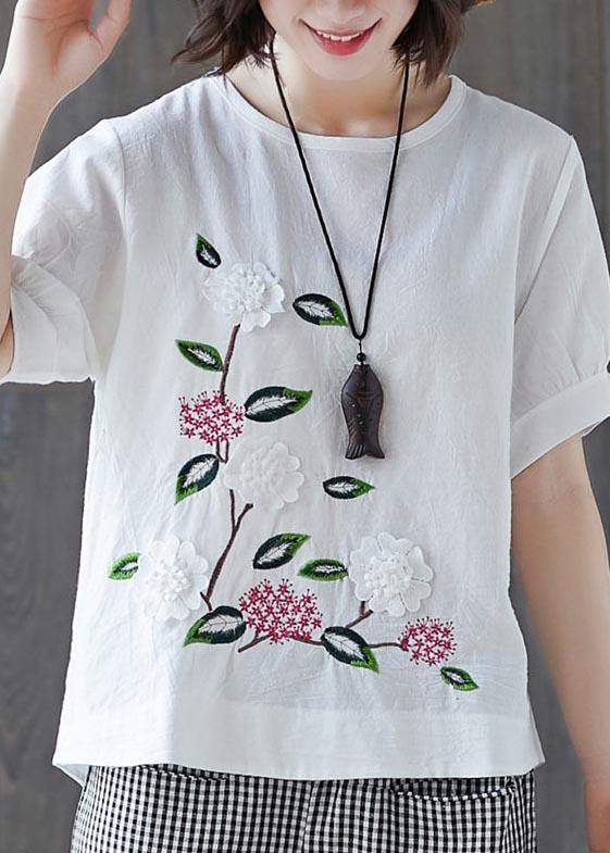 Loose White Embroideried Cotton Linen Tees Summer