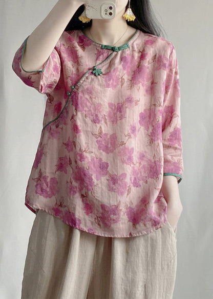 Pink Print Linen Oriental Blouses Bracelet Sleeve