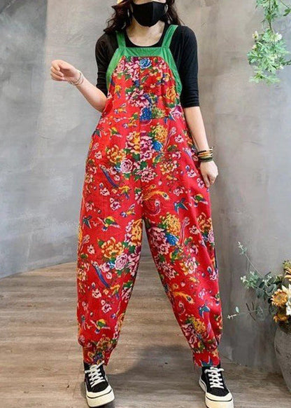 Red High Waist Patchwork Cotton Jumpsuits Pockets Fall