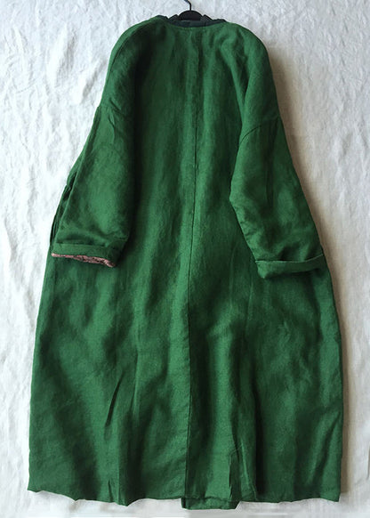 Green V Neck Button Cotton Filled Parka Long Coats Winter