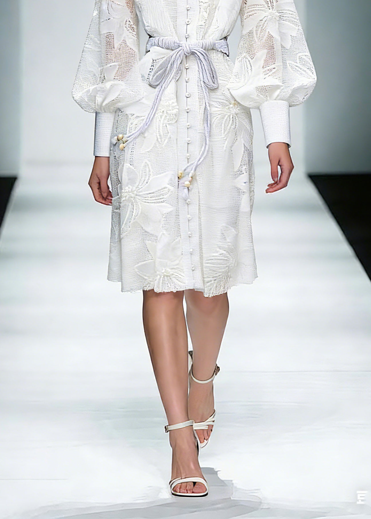 White Stand Collar Tie Waist Maxi Shirts Dresses Lantern Sleeve