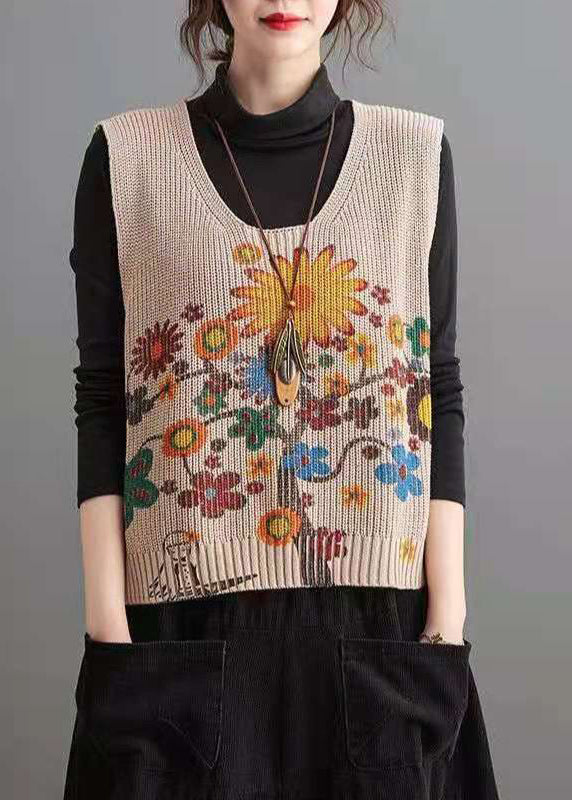 Apricot V Neck Print Low High Design Knit Waistcoat Fall