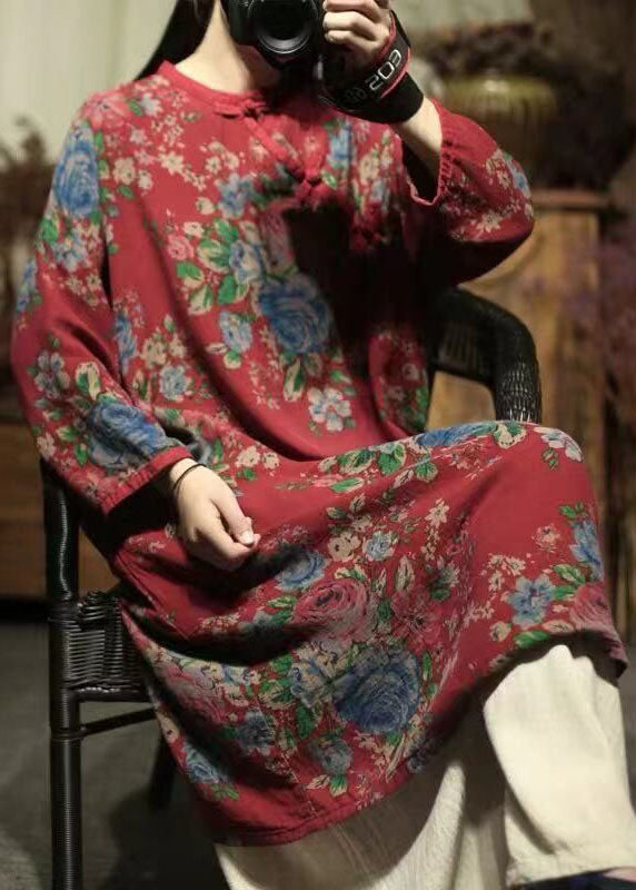 Oriental Red O-neck Print Linen Mid Dresses Spring