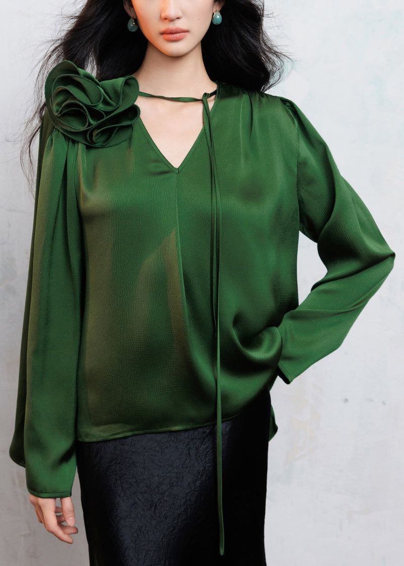 Green V Neck Lace Up Silk Blouses Fall