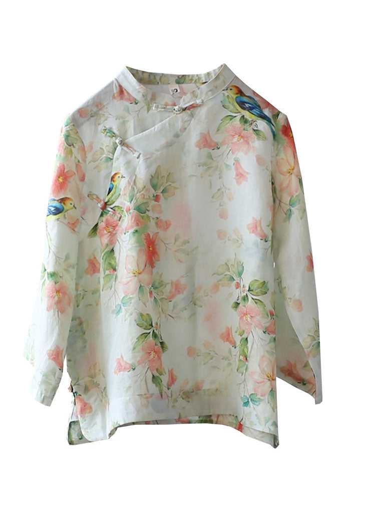 Beige Linen Shirt Top Stand Collar Low High Design Three Quarter Sleeve