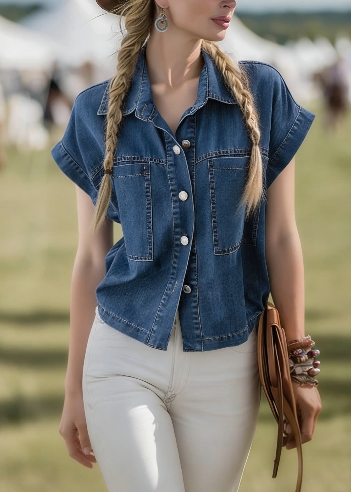 Blue Peter Pan Collar Denim Shirts Top Summer