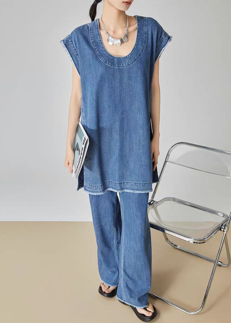 Blue O-neck Patchwork Denim T Shirt Dress and Jeans Two Piece Set Summer