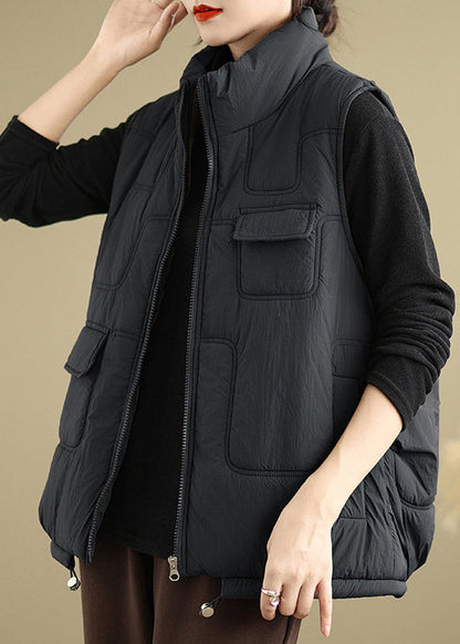 Black Zip Up Patchwork Fine Cotton Filled Vest Sleeveless