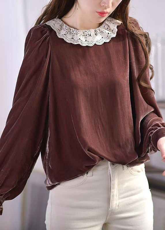 Brown O-neck Lace Patchwork Silk Velour Blouses Spring